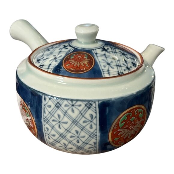 VTG Japanese Arita-yaki Porcelain Teapot with Mesh Strainer | Blue White Red Flo - Picture 4 of 7